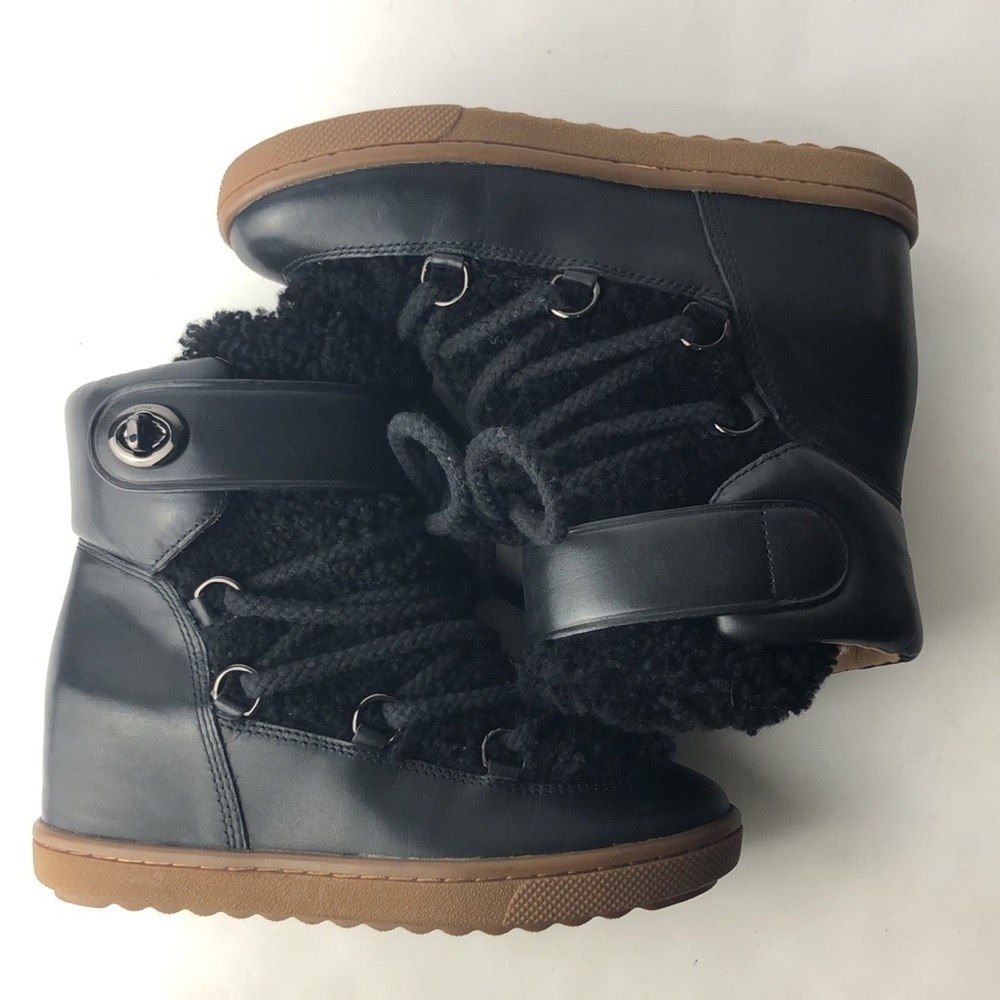 Coach Monroe Black Leather Shearling Ankle Wedge Boots 6 - Picture 7 of 11
